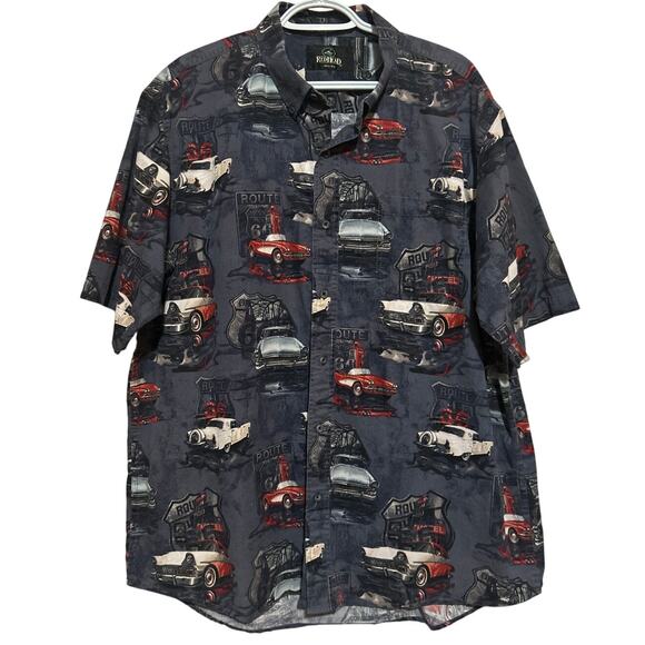 Red Head Men's Route 66 Blue Red Cars Short Sleeve Button Down Shirt Size XL - Picture 1 of 6